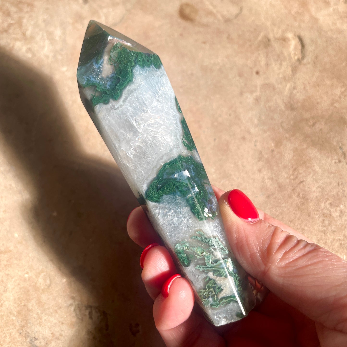 Moss Agate Wand with stand 12CM