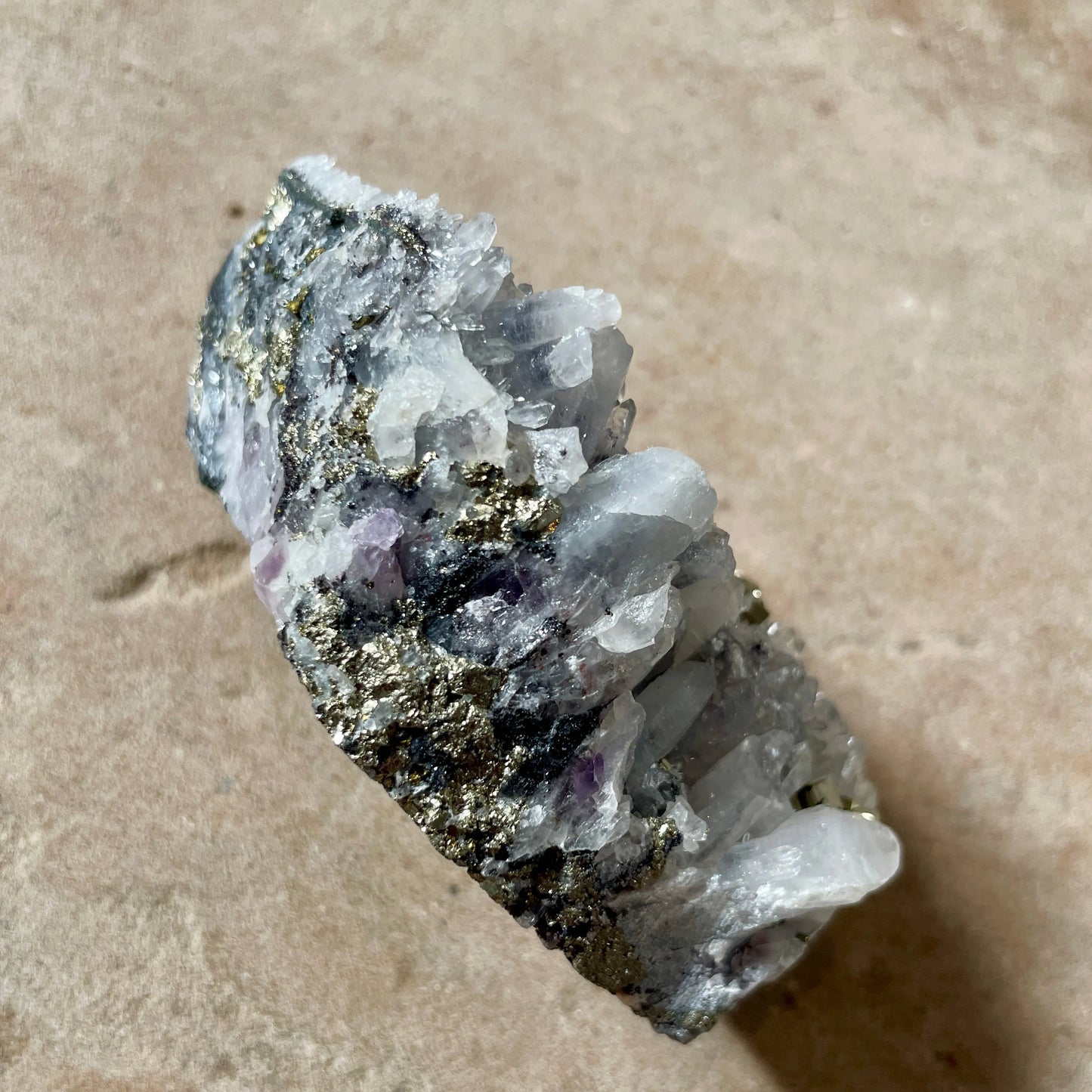 Pyrite Quartz cluster with Amethyst