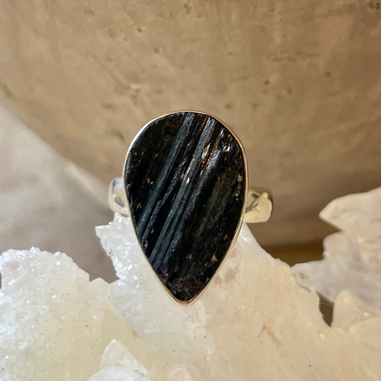 Black Tourmaline Teardrop Ring | 925 Silver | SIZE 6