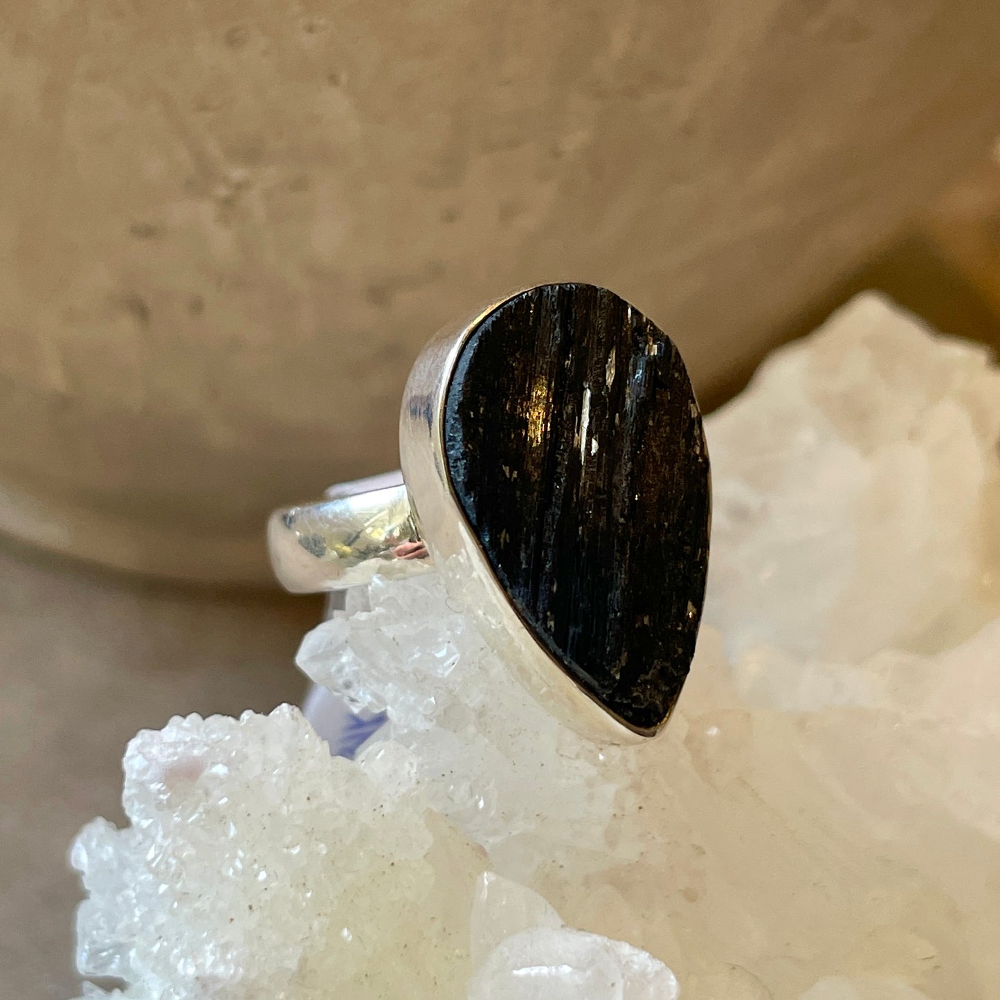 Black Tourmaline Teardrop Ring | 925 Silver | SIZE 6