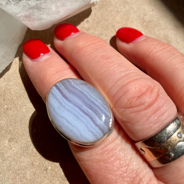 Blue Lace agate Oval Ring | 925 SILVER | Size 8.5