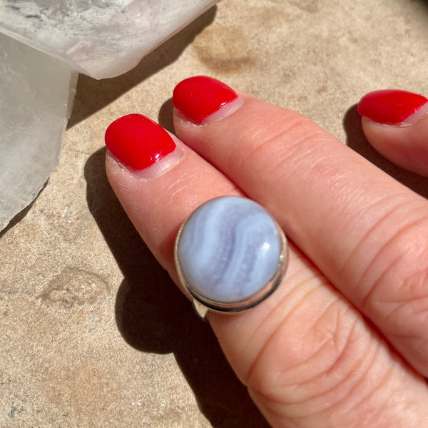 Blue Lace agate Round Ring | 925 SILVER | Size 7