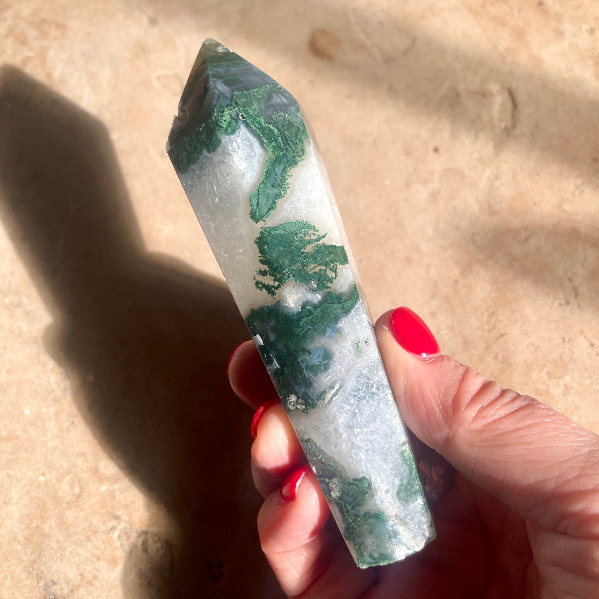 Moss Agate Wand with stand 12CM