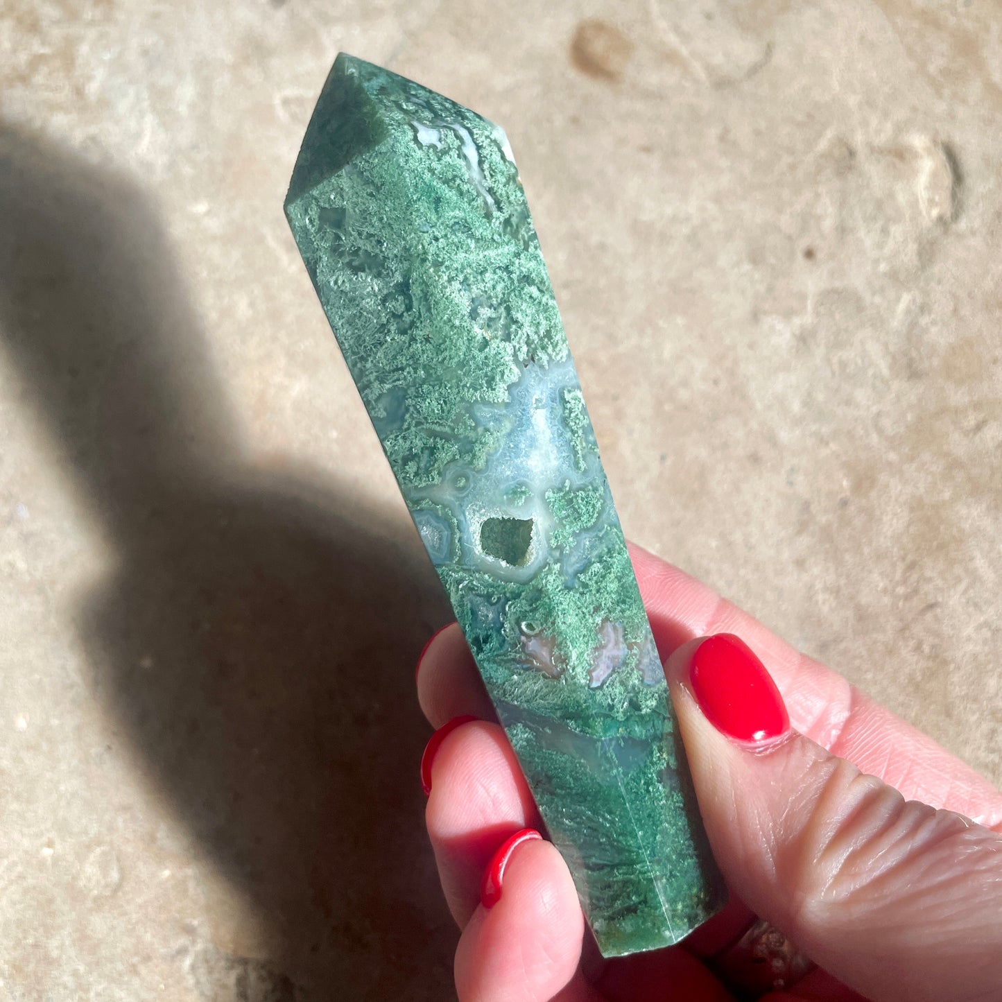 Moss Agate Wand with stand 10CM