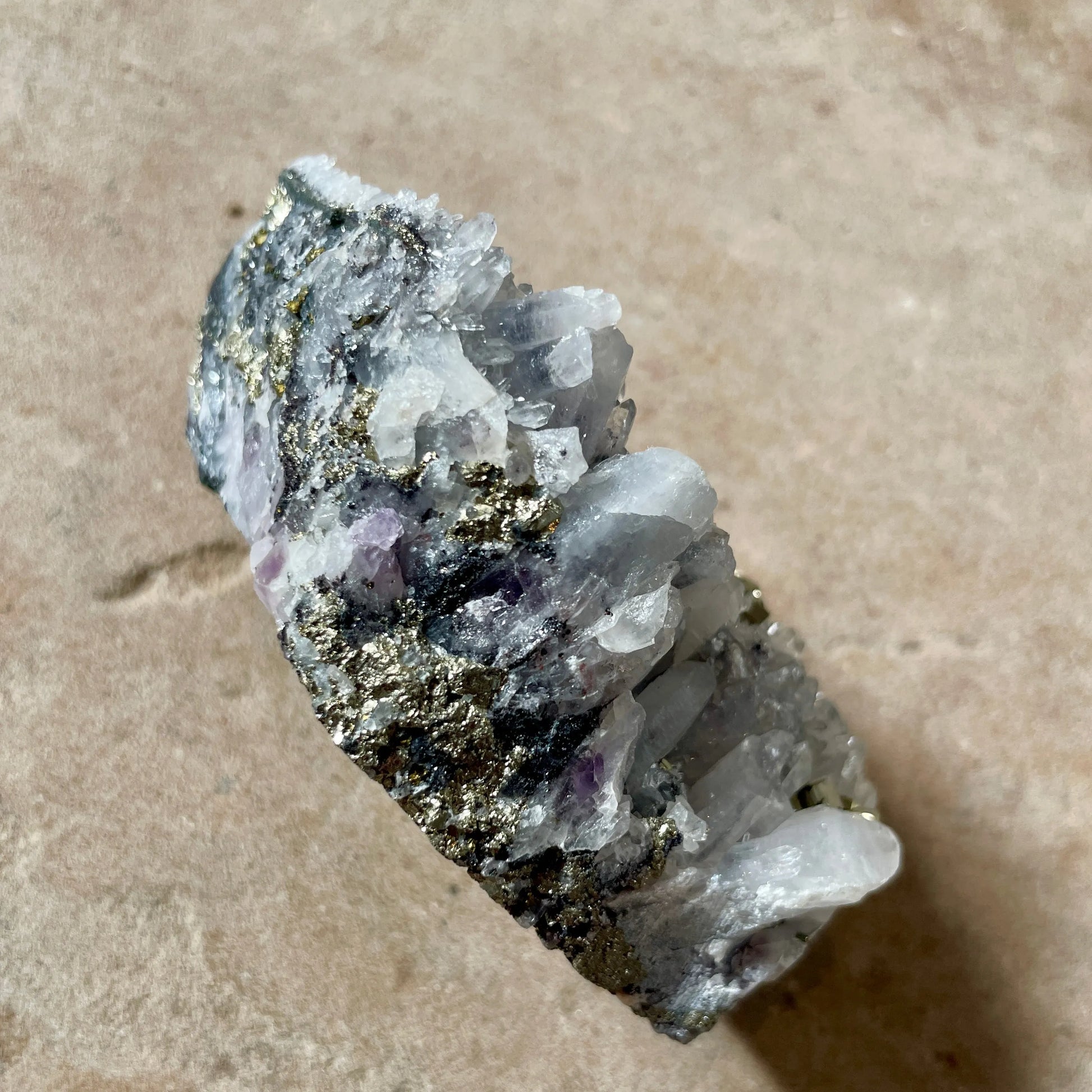Pyrite Quartz cluster with Amethyst