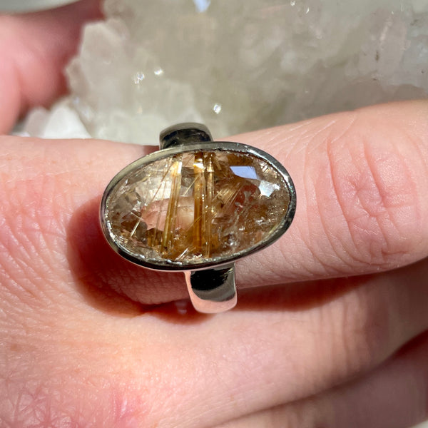 Golden Rutile Quartz Oval ring | 925 silver | Size 9