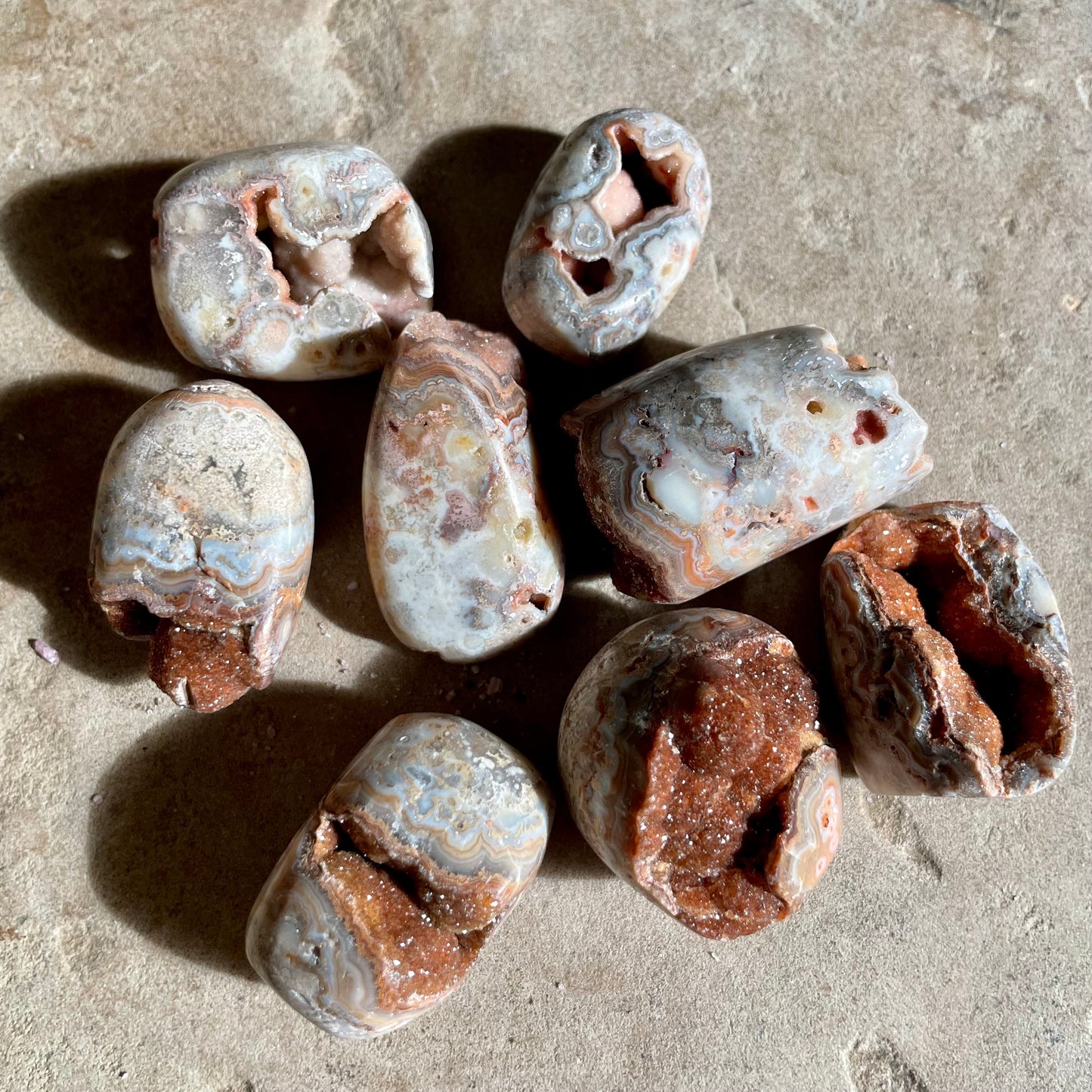 Pink crazy lace agate Tumbles with Druzy