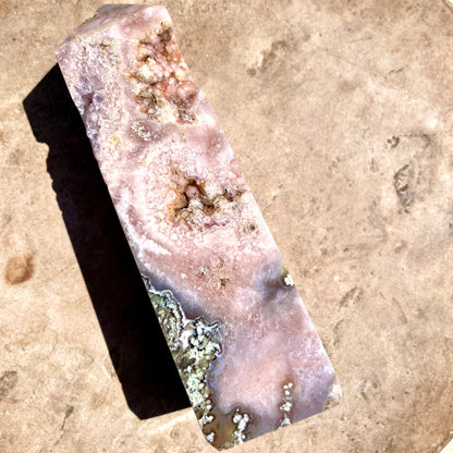 Pink and Purple Amethyst Tower with Druzy on bench