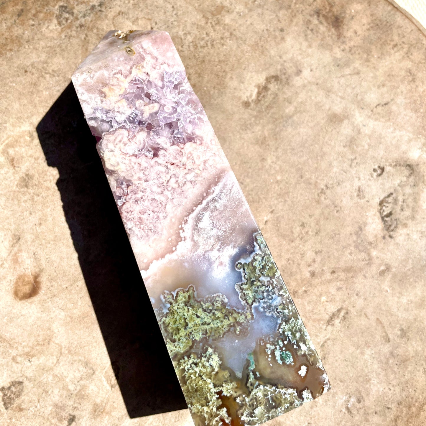 Pink and Purple Amethyst Tower with Druzy on benchPink and Purple Amethyst Tower with Druzy on bench