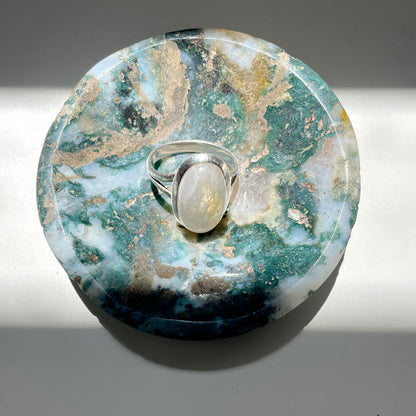 Ring sitting inside Moss Agate Trinket Bowl