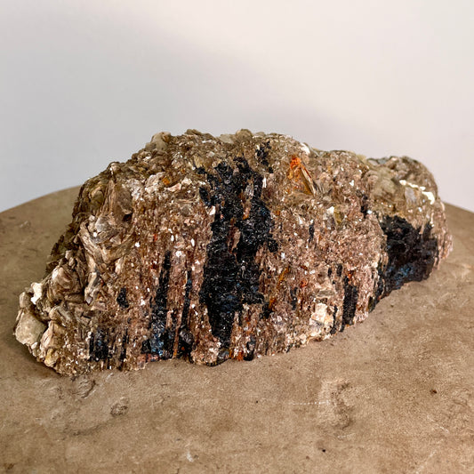 Black Tourmaline and Mica Cluster sitting on a stone with a white background.