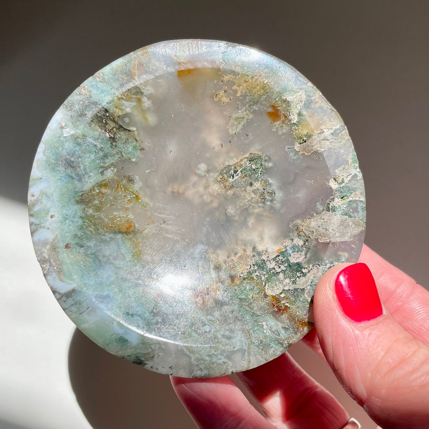 Hand holding Moss Agate Trinket Bowl