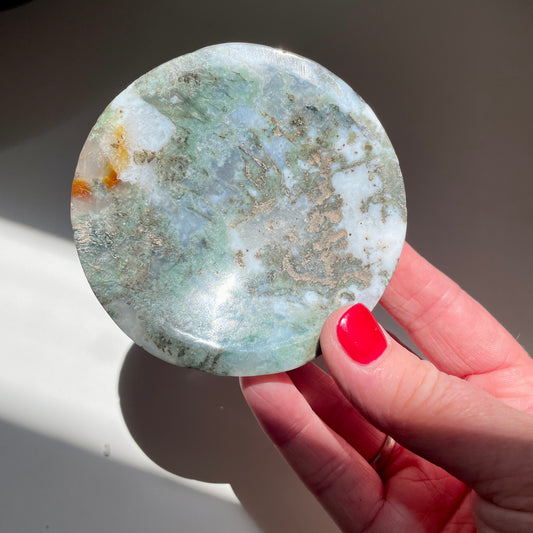 Hand holding Moss Agate Trinket Bowl